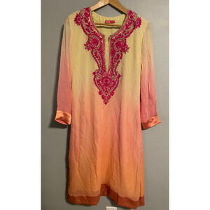 Womens Dress EU 40 US 8 Peach Ombre Silk Floral Embroidered Rhinestone Art Boho